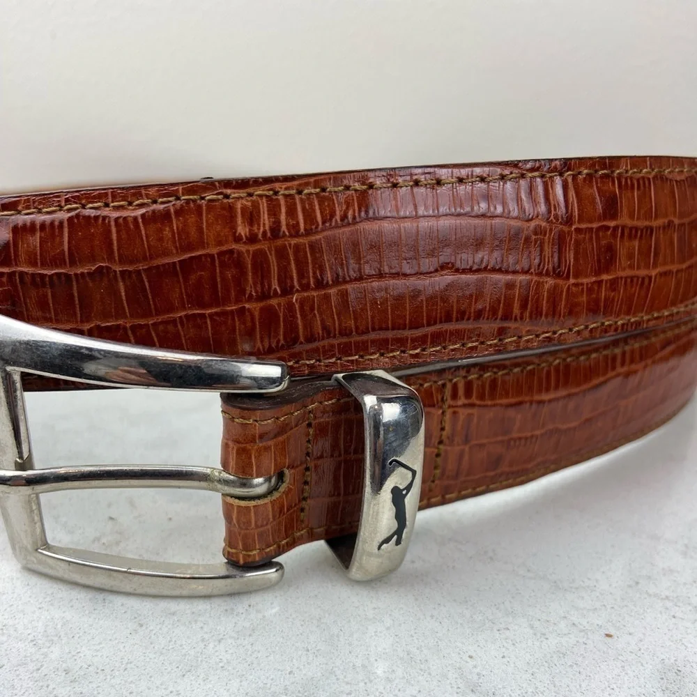 PGA TOUR TOP GRAIN MEN’S REPTILE EMBOSSED LEATHER BELT BROWN AND SILVER